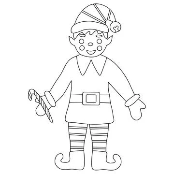 Cheerful Christmas elf with candy cane, doodle style flat vector outline for Stock Illustration