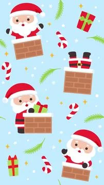 Cheerful Christmas Seamless Pattern with Santa Climbing Chimneys Candy Cane.. Stock Illustration