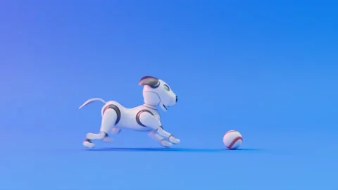 Cheerful concept of robot puppy running chasing the ball.  Cute small toy CGI 4k Stock Footage 201235563