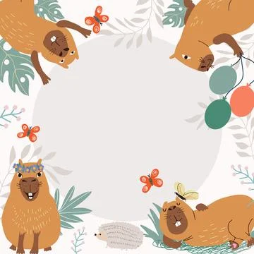 Cheerful copybara in corners of stylish frame for holiday card dedicated to cute Stock Illustration