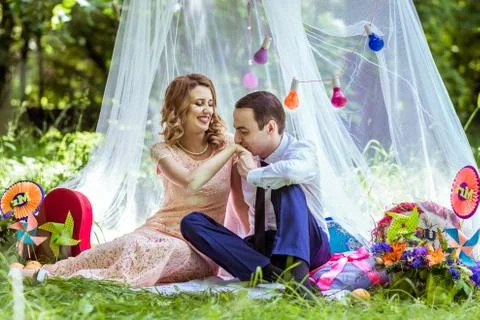 Cheerful couple in the meadow Stock Photos