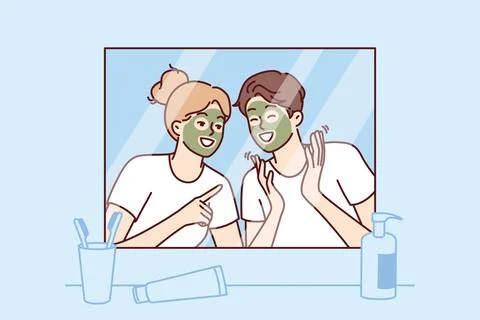 Cheerful couple with rejuvenating mask on faces look in mirror and laugh Stock Illustration