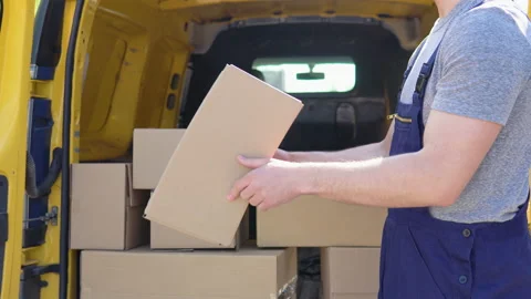 Cheerful courier throws the parcel standing near delivery van Stock Footage 193441143