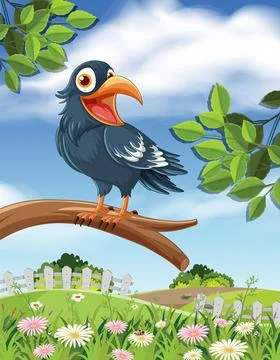 Cheerful Crow Smiling on Tree Branch Stock Illustration