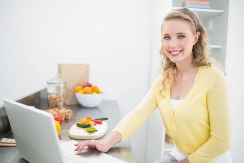 Cheerful cute blonde using laptop Stock Photos