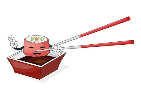 Cheerful cute rolls with a smiling face and a bowl of sauce. Dishes of Japanese Stock Illustration
