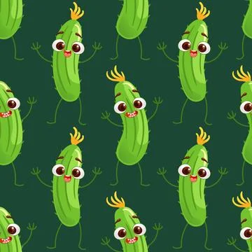Cheerful dance of cucumbers, seamless pattern. Cute funny characters in cartoon Stock Illustration