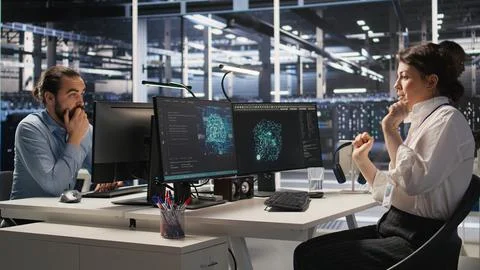 Cheerful data center engineers dancing in excitement in office chairs 写真素材