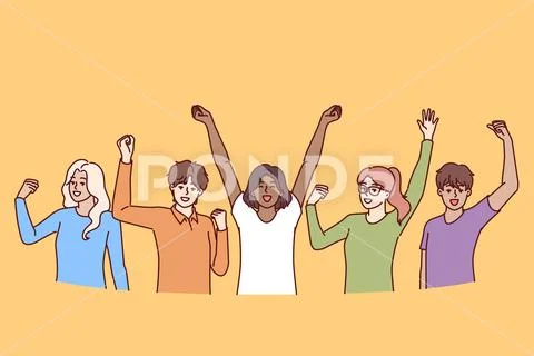 Cheerful diverse people raise hands up celebrating victory in joint  educational: Royalty Free #251540854