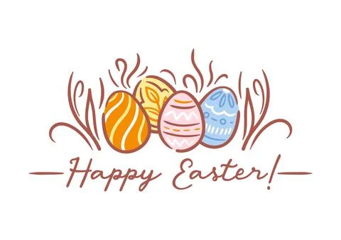 A cheerful Easter card featuring colorful Easter eggs hidden among lush gre.. Illustrazione stock