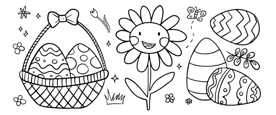 Cheerful Easter coloring scene with decorated eggs in a basket, a smiling Stock Illustration