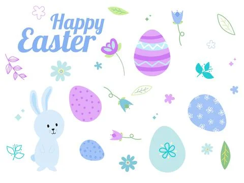 Cheerful Easter Illustration Collection in Blue Tones (Eggs, Bunny, Flowers) Stock Illustration