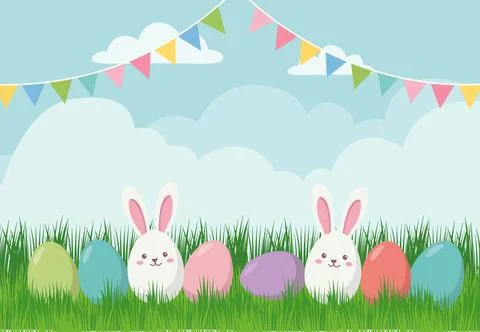 Cheerful Easter Scene with Cute Bunnies, Vibrant Eggs, and Festive Flags in.. Stock Illustration
