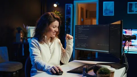 Cheerful engineer excited after finding no errors in code Stock Photos