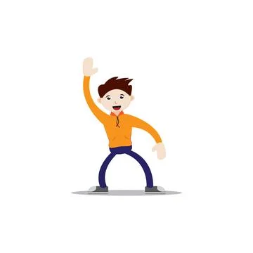 Cheerful-faced boy is standing while waving. Flat Character vector illustra.. Stock Illustration