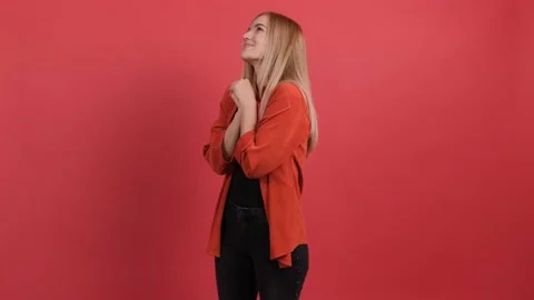 Cheerful female model with joyful expression, achievement. Stock Footage 141577307