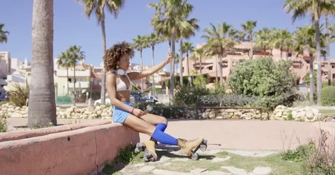 Cheerful female taking selfie Stock Footage