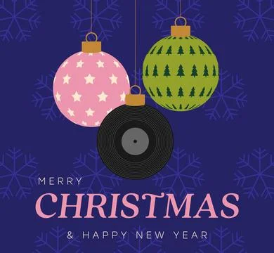 Cheerful Flat Christmas Ornaments Featuring Retro Vinyl Record, Hanging on .. Illustration