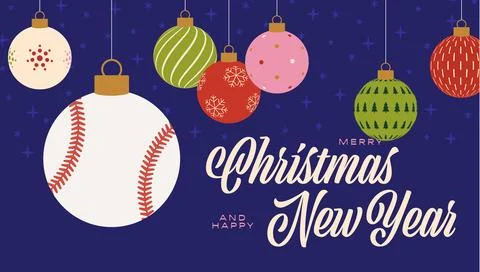 Cheerful Flat Vector Design with Hanging Baseball Christmas Ornaments and F.. Stock Illustration