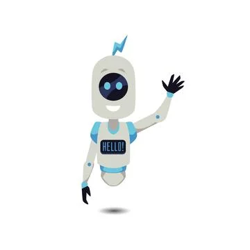 Cheerful floating robot waving hand with hello word on digital screen - flat Illustrazione stock