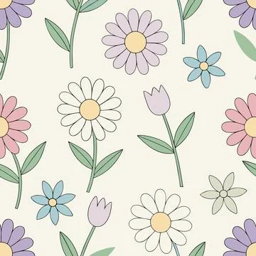 Cheerful Flower Pattern with Daisies and Tulips on Beige Stock Illustration