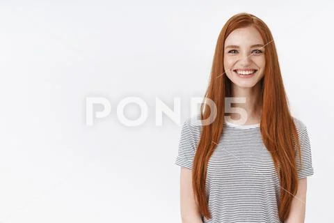 Cheerful friendly happy smiling ginger girl striped t-shirt have fun enjoying Stock Photos