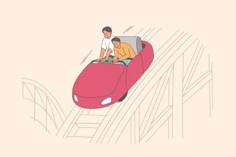 Cheerful friends ride roller coaster, enjoying adrenaline rush and relaxation in Stock Illustration