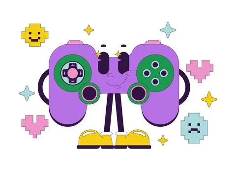 Cheerful game controller standing proudly groovy retro character Illustrazione stock
