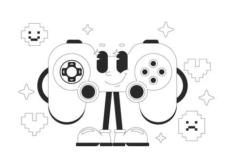 Cheerful game controller standing proudly outline groovy mascot character Illustrazione stock