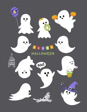 Cheerful ghosts. Set of cute ghost for Halloween. Cartoon, flat, vector Stock Illustration