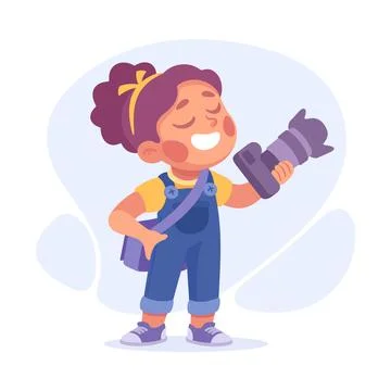 A Cheerful Girl with a Camera, Eagerly Ready for Her Next Exciting Adventure Stock Illustration