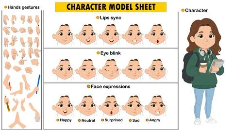Cheerful Girl Character Constructor Kit. Editable Female Kid Model Sheet  Stockillustratie