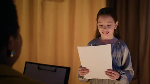 Cheerful Girl Reading Script On Stage Stockbeeldmateriaal 303057698
