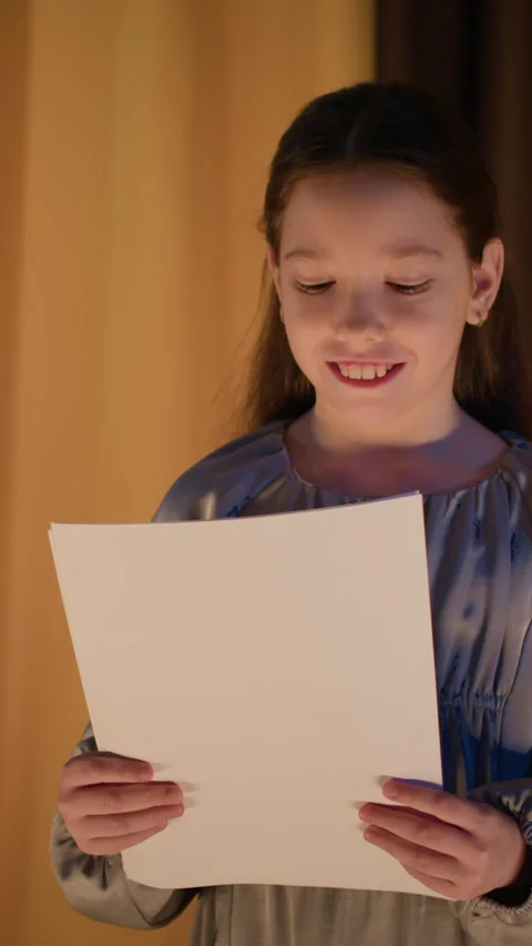 Cheerful Girl Reading Script On Stage Stock Footage 303066323
