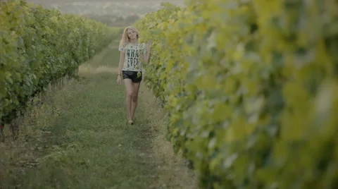 Cheerful girl walks between rows of vines in the countryside Stock Footage 59334984