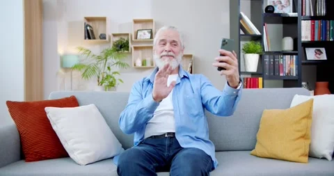 Cheerful glad old man making video call sitting on sofa. Joyful senior male Stock Footage 220302805