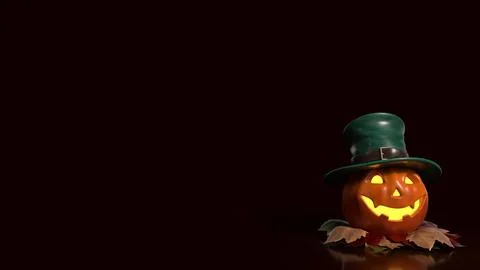 Cheerful Glowing Jack O Lantern in Green Top Hat 3d render. Stock Illustration