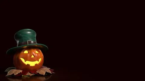Cheerful Glowing Jack O Lantern in Green Top Hat 3d render. Stock Illustration