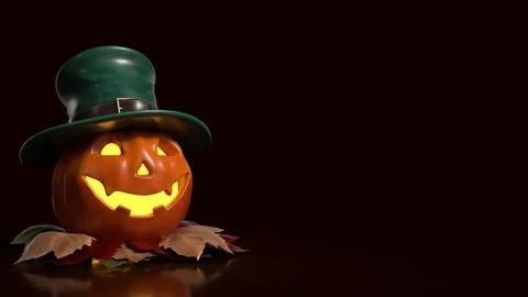 Cheerful Glowing Jack O Lantern in Green Top Hat 3d render. Stock Illustration