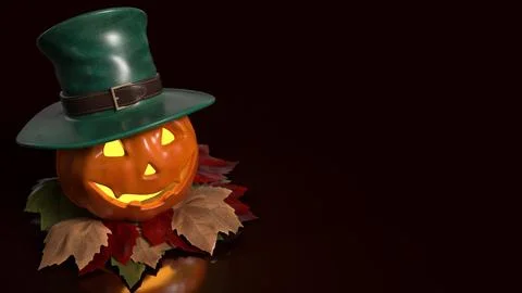Cheerful Glowing Jack O Lantern in Green Top Hat 3d render. Stock Illustration