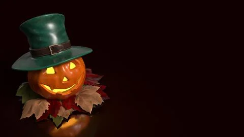 Cheerful Glowing Jack O Lantern in Green Top Hat 3d render. Stock Illustration