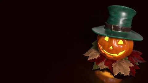Cheerful Glowing Jack O Lantern in Green Top Hat 3d render. Stock Illustration