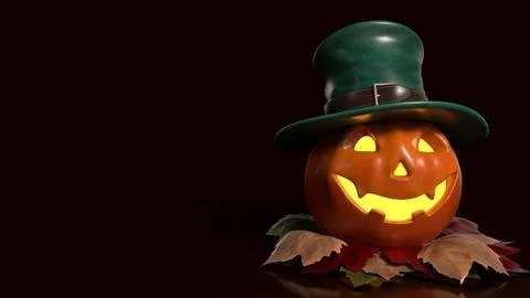 Cheerful Glowing Jack O Lantern in Green Top Hat 3d render. Stock Illustration