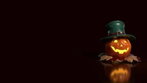 Cheerful Glowing Jack O Lantern in Green Top Hat 3d render. Stock Photos