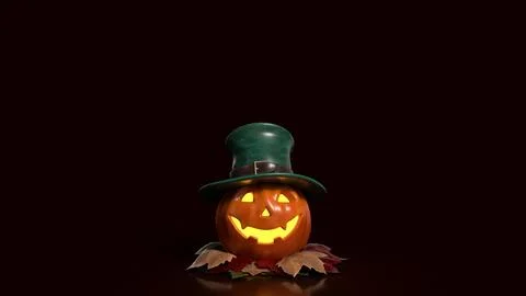 Cheerful Glowing Jack O Lantern in Green Top Hat 3d render. Stock Photos