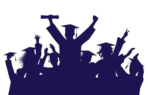 Cheerful graduate students with diploma and academic caps, silhouette. Grad.. Stock Illustration