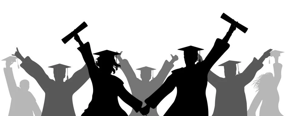 Cheerful graduates in academic square caps with diploma, silhouette. Stock Illustration