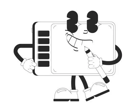 Cheerful graphics tablet holding stylus pen outline groovy mascot character Stock Illustration