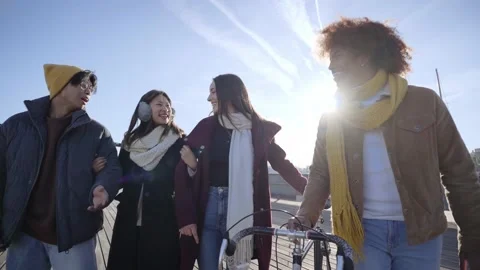 Cheerful Group of guys walking down street having fun. Multiracial friends Stock Footage 229732392