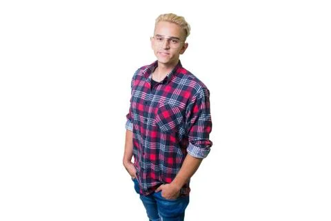 Cheerful guy in glasses posing in studio isolated on white background. Stock Photos